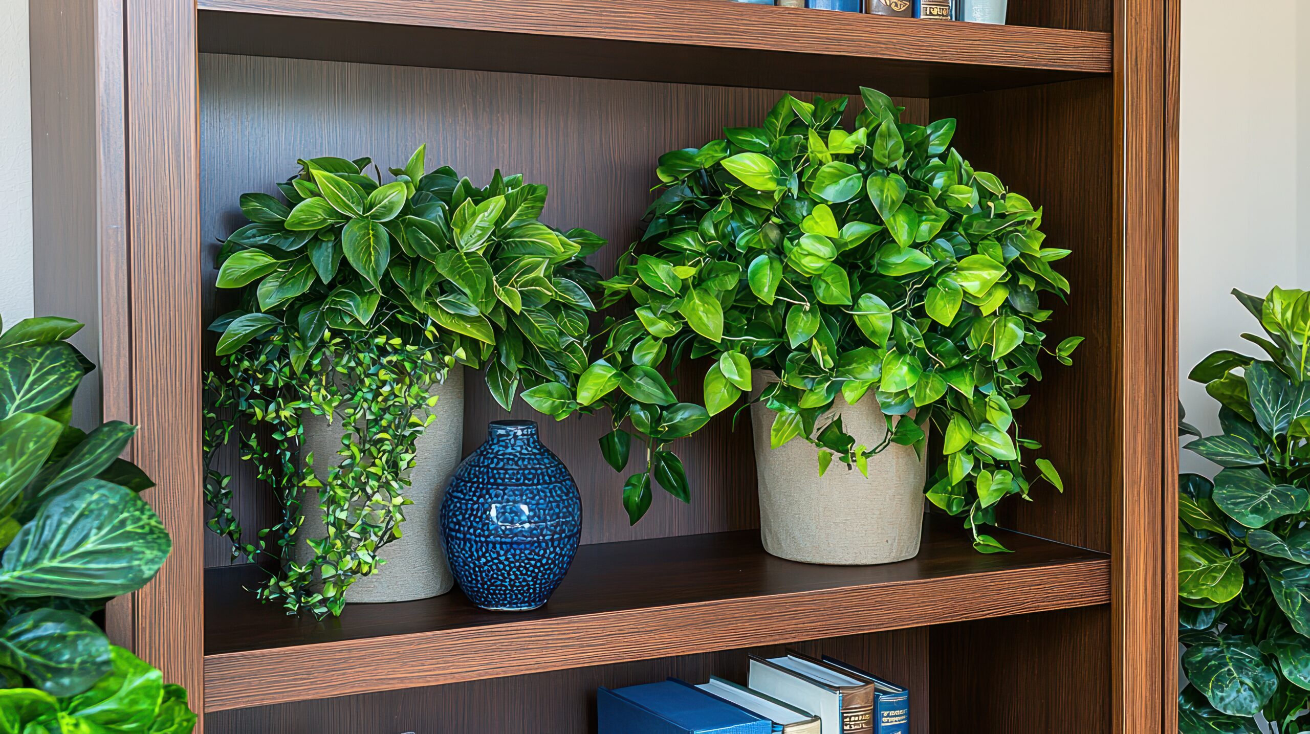 Multi-tiered wooden corner plant tower showcasing various plants from floor to ceiling, creating a striking green focal point in a living room's previously unused corner