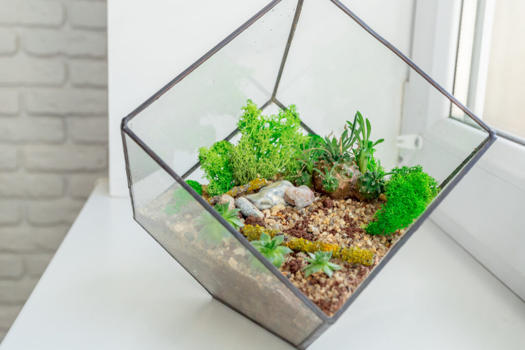 A cylindrical glass container displaying vibrant layers of blue, white, and amber colored sand topped with small succulents and air plants, creating a striking visual display