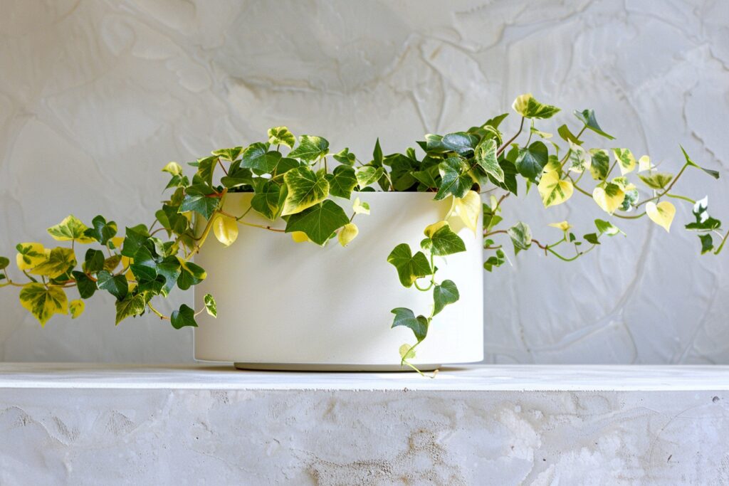 Clean white floating shelves against a neutral wall featuring precisely spaced plants in simple white and concrete planters with ample negative space